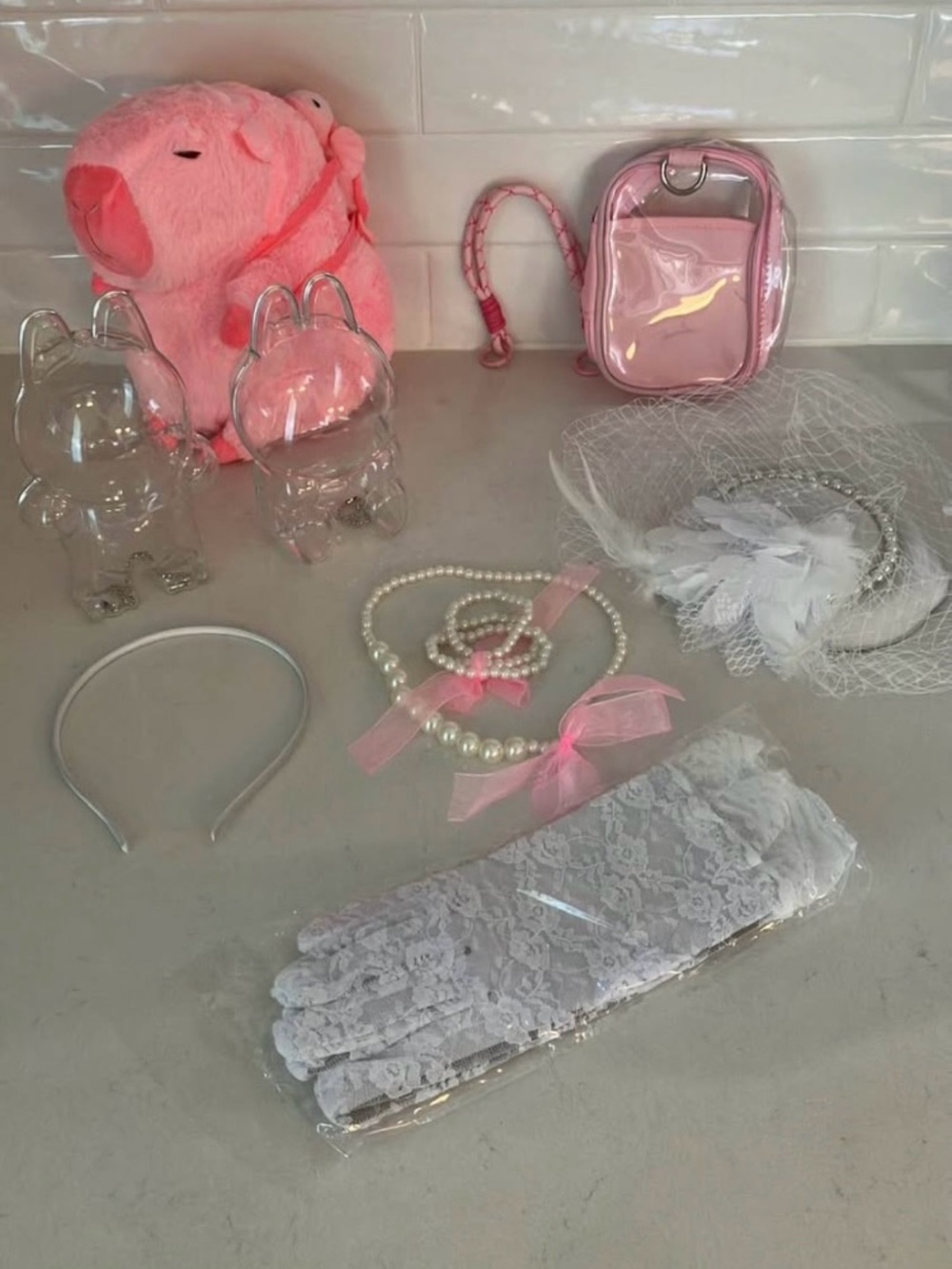 Girl Pink Plush Toy and Dress-Up Accessory Set
